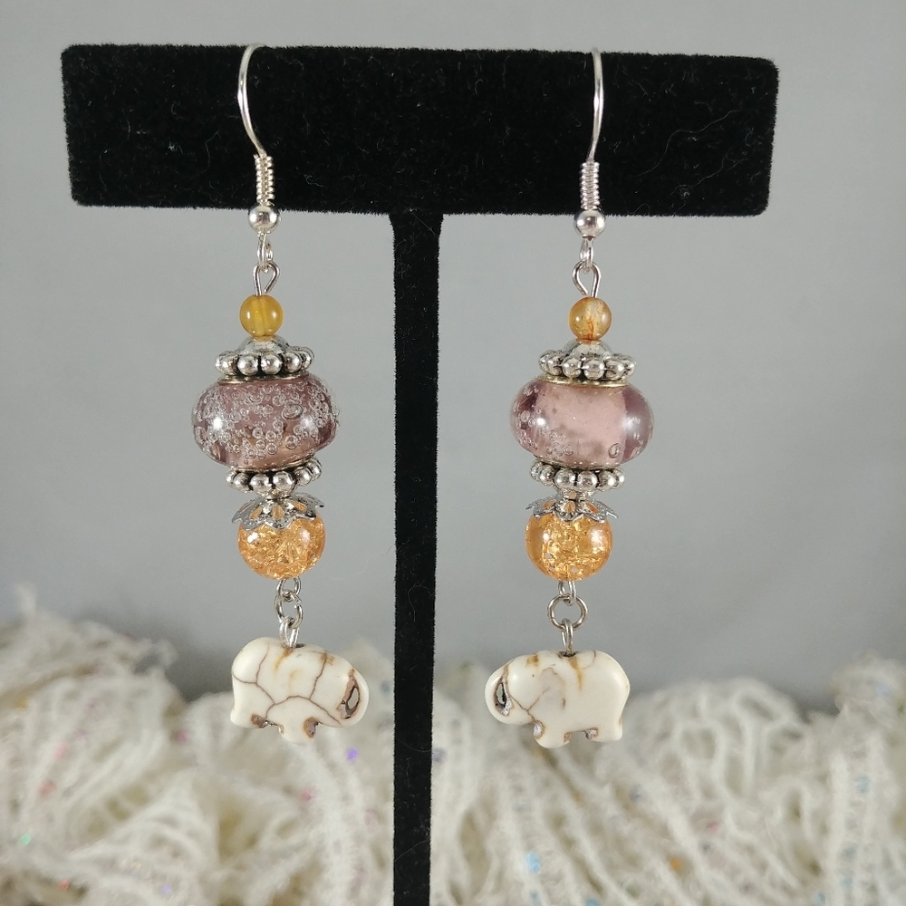 Elephant Earrings Purple & Peach Beaded